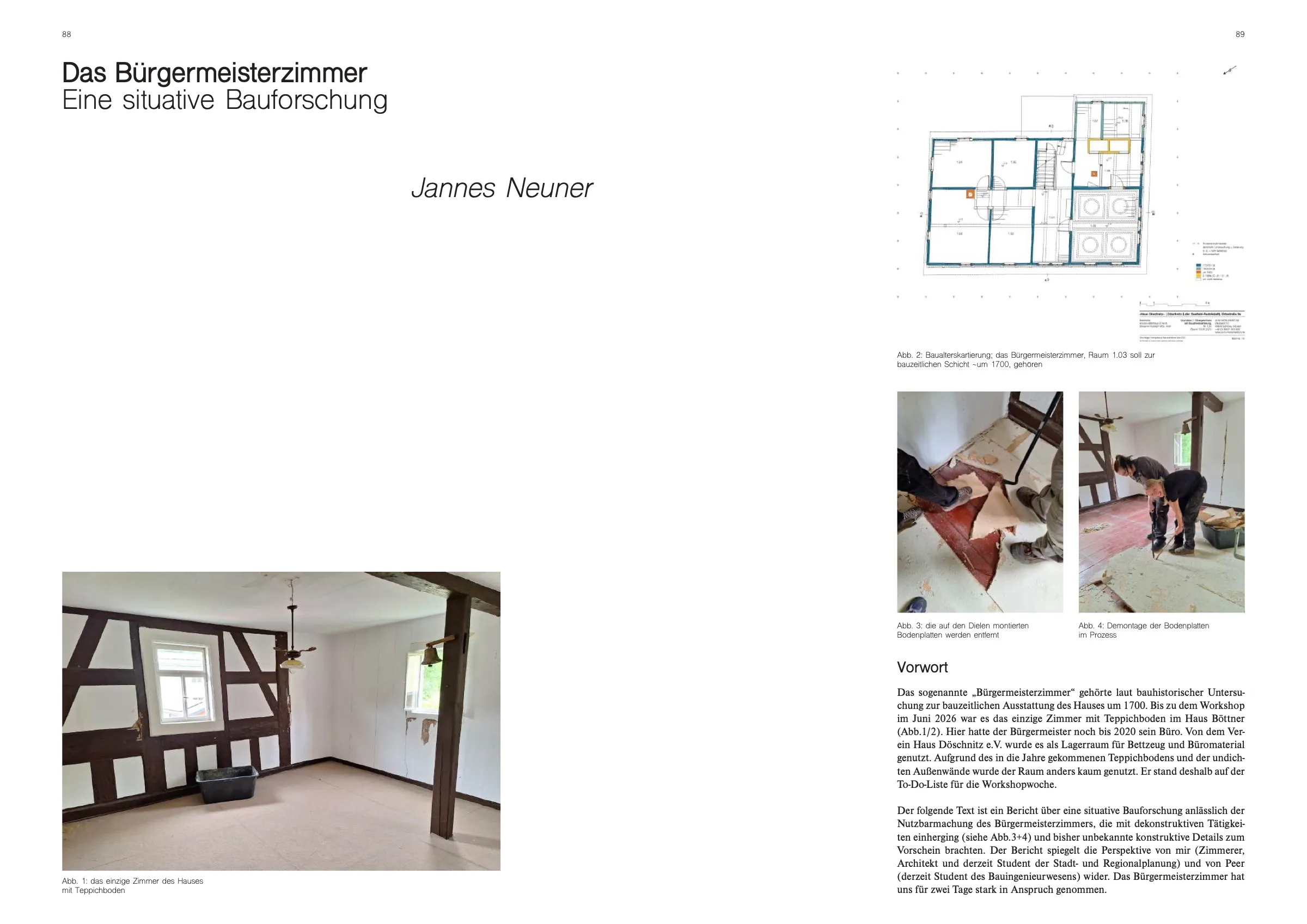 Doppelseite mit einem Foto des Bürgermeisterzimmers mit Teppichboden, einem Grundriss und Fotos vom Entfernen der Bodenplatten