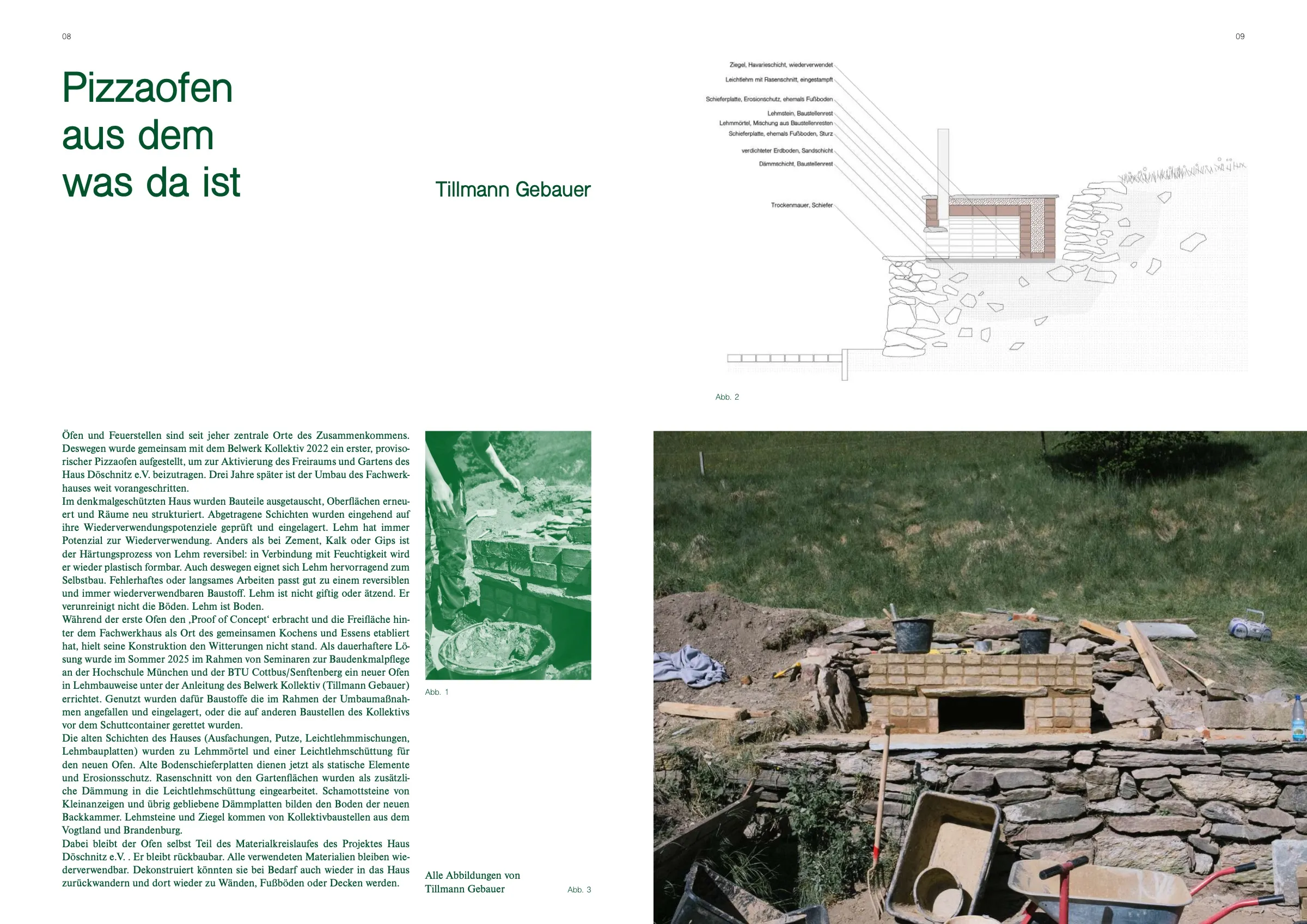 Doppelseite mit einem Schnitt durch den Lehmofen, einem grün eingefärbten Foto vom Mauern und einem Foto des halbfertigen Ofens in einer Trockenmauer am Hang