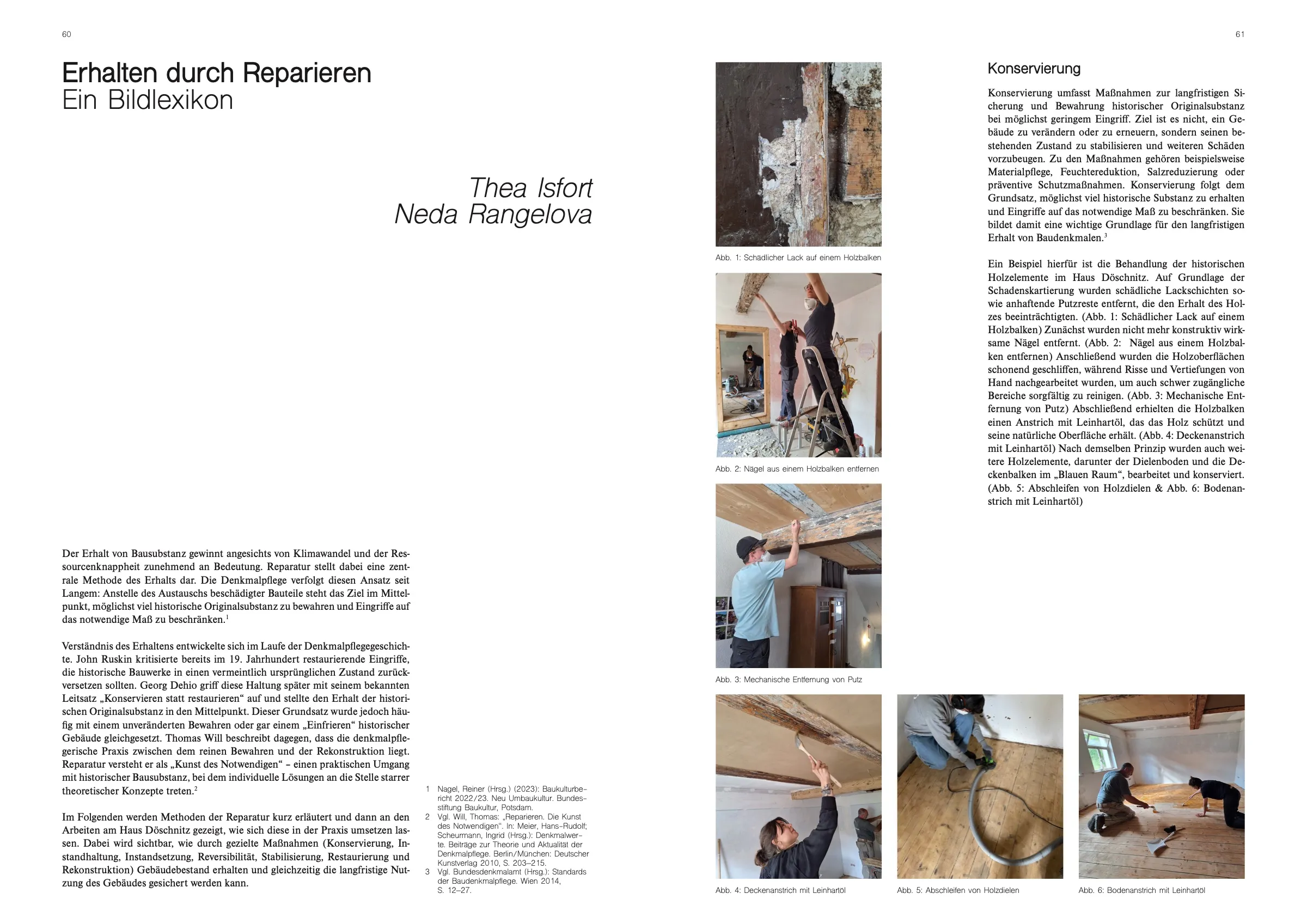 Doppelseite aus dem Reader: Text zur Reparatur und Fotos von Studierenden, die Deckenbalken und Dielen abschleifen und mit Leinöl streichen